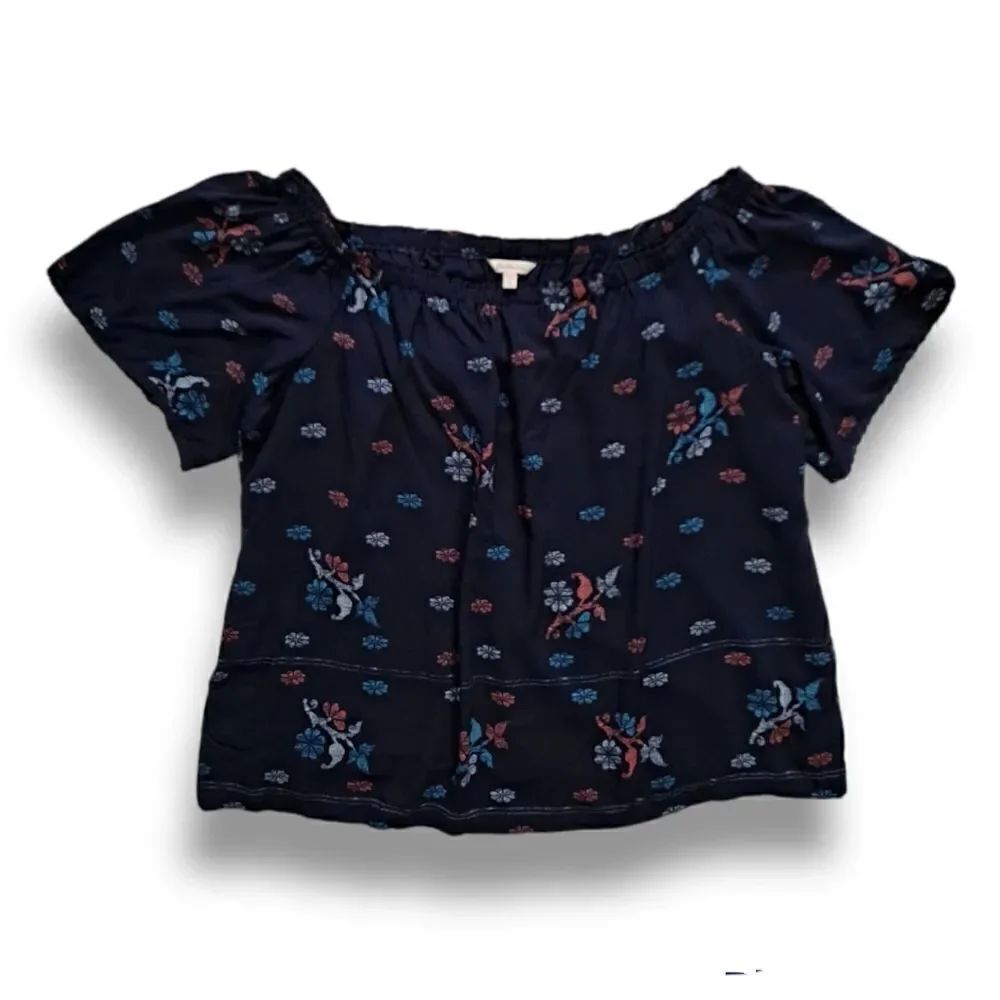 Beltaine Off the Shoulder Top Navy Blue Floral Medium